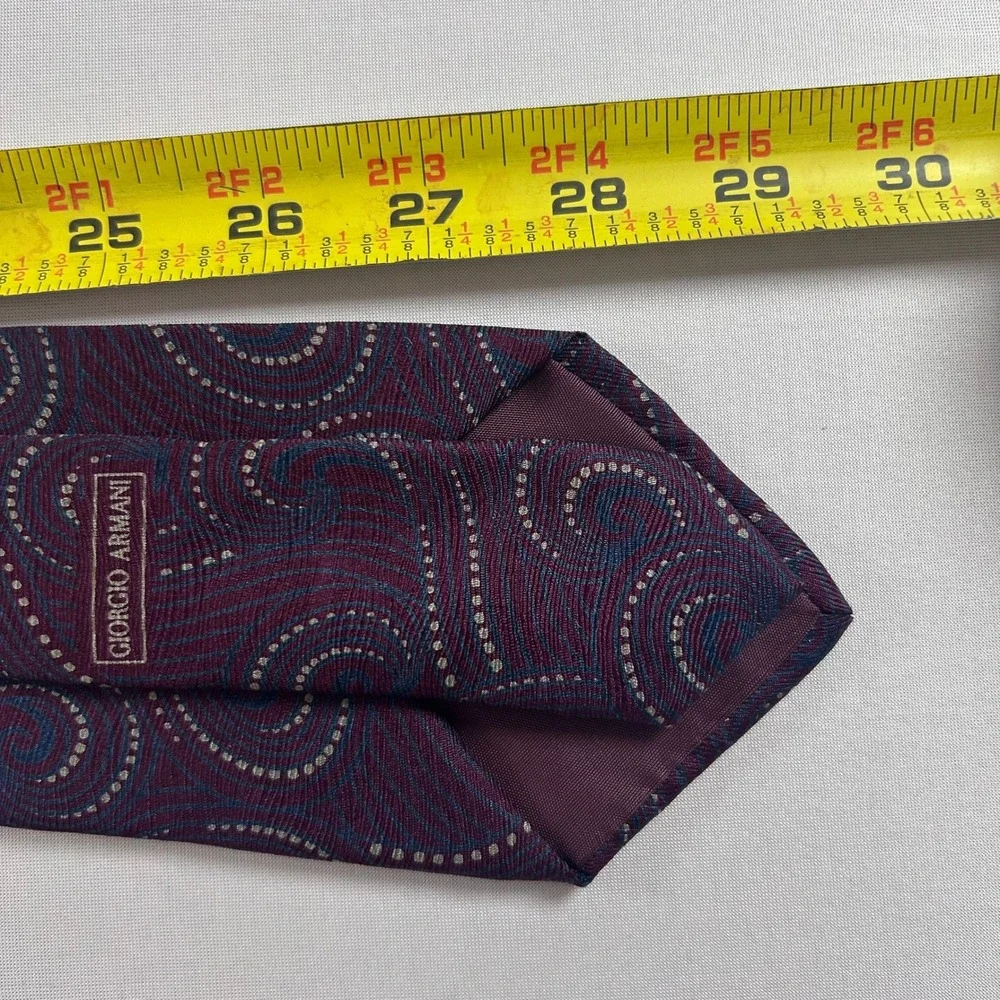 Giorgio Armani Tie Men Burgundy Blue 100% Silk Swirl Paisley Italy Made Luxury